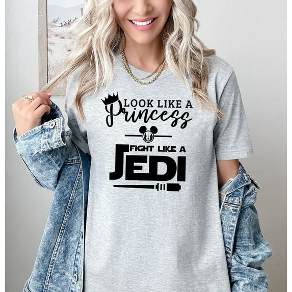 Moonlight Apparel Princess Jedi Graphic T-Shirt for Women Look Like a Princess Fight Like a Jedi Tee Cute Star-Inspired Funny Shirt–Soft Cotton Crewneck Casual Gift for Sci-Fi Fans
