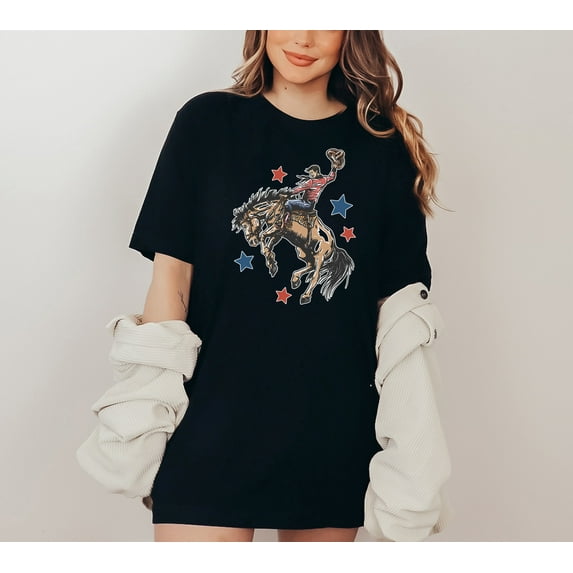 Moonlight Apparel Retro Rodeo Cowboy T-Shirt Patriotic Bronc Rider Graphic Tee for Men Women Western Horseback Riding Shirt Country Style Vintage USA Tee Cowboy Shirt