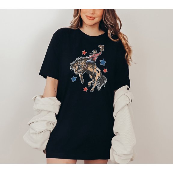 Moonlight Apparel Retro Rodeo Cowboy T-Shirt Patriotic Bronc Rider Graphic Tee for Men Women Western Horseback Riding Shirt Country Style Vintage USA Tee Cowboy Shirt