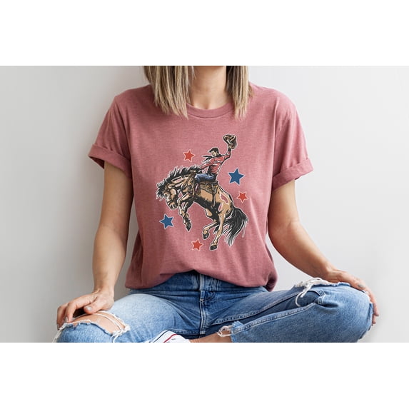 Moonlight Apparel Retro Rodeo Cowboy T-Shirt Patriotic Bronc Rider Graphic Tee for Men Women Western Horseback Riding Shirt Country Style Vintage USA Tee Cowboy Shirt