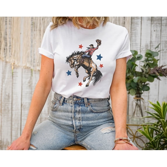 Moonlight Apparel Retro Rodeo Cowboy T-Shirt Patriotic Bronc Rider Graphic Tee for Men Women Western Horseback Riding Shirt Country Style Vintage USA Tee Cowboy Shirt