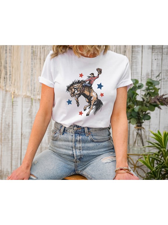 Retro Rodeo Cowboy T-Shirt Patriotic Bronc Rider Graphic Tee for Men Women Western Horseback Riding Shirt Country Style Vintage USA Tee Cowboy Shirt