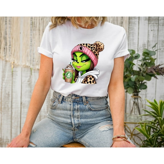 Moonlight Apparel Sassy Green Girl Graphic Tee Holiday Coffee Lover in Leopard Beanie Cute Winter Character T-Shirt for Women