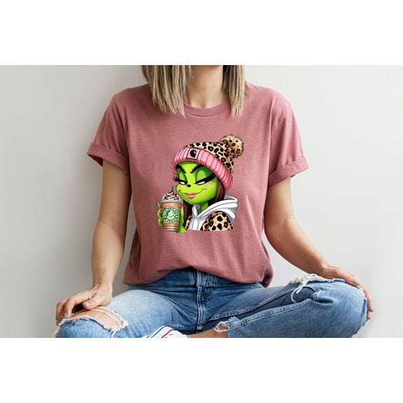 Moonlight Apparel Sassy Green Girl Graphic Tee Holiday Coffee Lover in Leopard Beanie Cute Winter Character T-Shirt for Women
