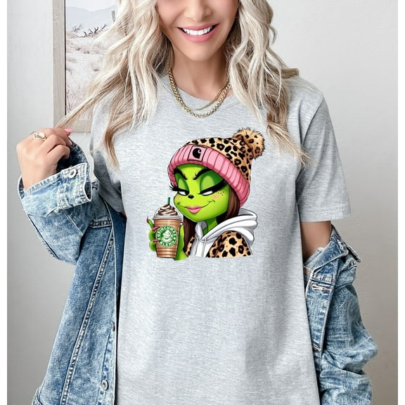 Moonlight Apparel Sassy Green Girl Graphic Tee Holiday Coffee Lover in Leopard Beanie Cute Winter Character T-Shirt for Women