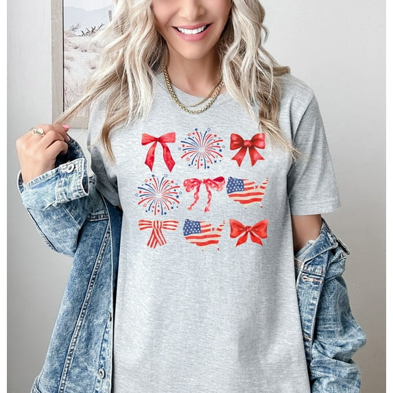 Moonlight Apparel USA Flag Bow Patriotic Multicolor T-Shirt Tee with Fireworks Ribbon Graphic Independence Day Shirt for Women & Girls