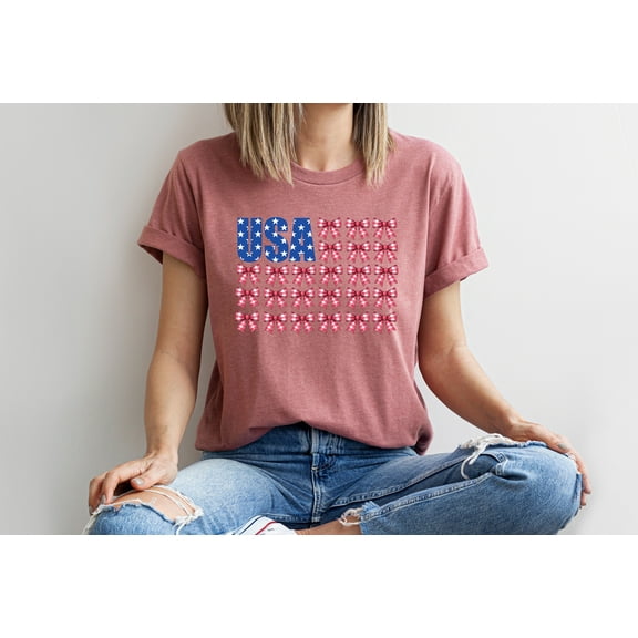Moonlight Apparel USA Patriotic T-Shirt for Women American Flag Star Print with Red Plaid Bows Casual Summer Graphic Tee