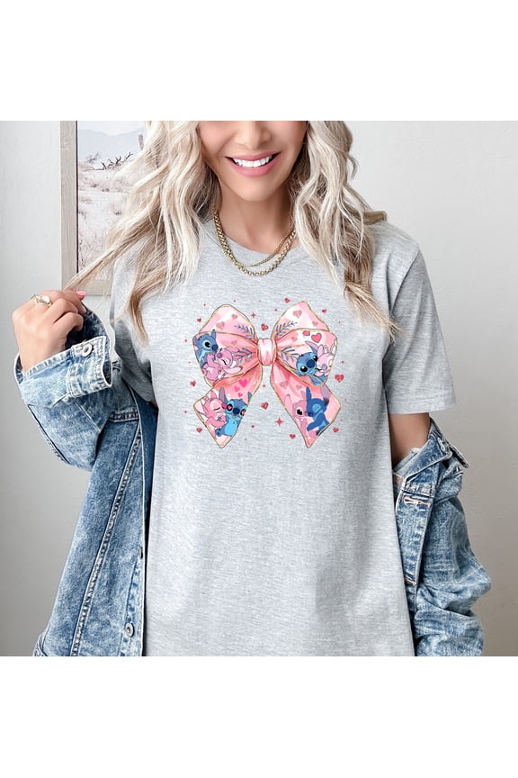 Women’s Cute Cartoon Bow Graphic T-Shirt Pink Ribbon Print Short Sleeve Tee Casual Cotton Crew Neck Top Kawaii Anime Style Shirt Trendy Lounge T-Shirt for Girls Women