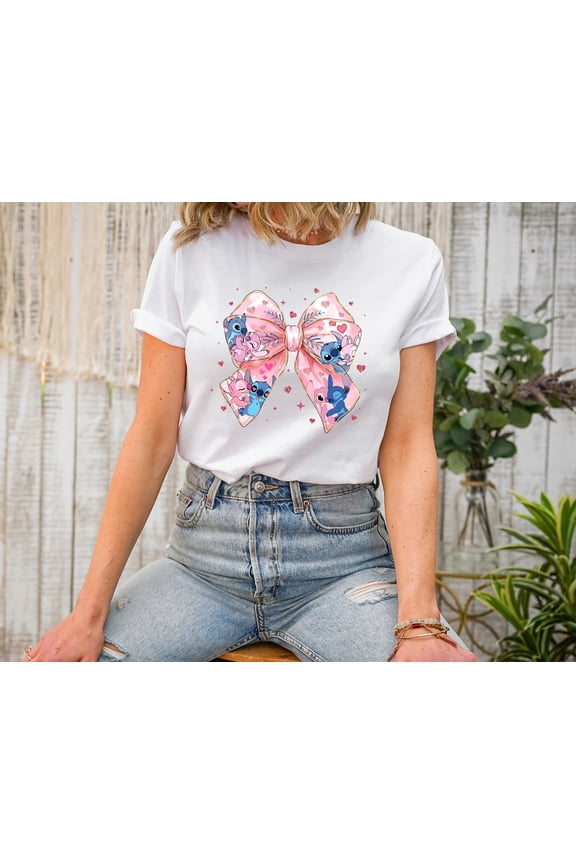 Women’s Cute Cartoon Bow Graphic T-Shirt Pink Ribbon Print Short Sleeve Tee Casual Cotton Crew Neck Top Kawaii Anime Style Shirt Trendy Lounge T-Shirt for Girls Women