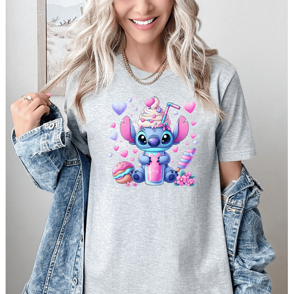 Moonlight Apparel Women's Kawaii Blue Alien Milkshake T-Shirt Cute Cartoon Character Graphic Tee Pastel Aesthetic Shirt Sweet Treat Style, Cotton Blend Short Sleeve, Fun Casual Outfit