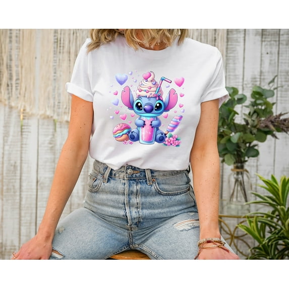 Moonlight Apparel Women's Kawaii Blue Alien Milkshake T-Shirt Cute Cartoon Character Graphic Tee Pastel Aesthetic Shirt Sweet Treat Style, Cotton Blend Short Sleeve, Fun Casual Outfit