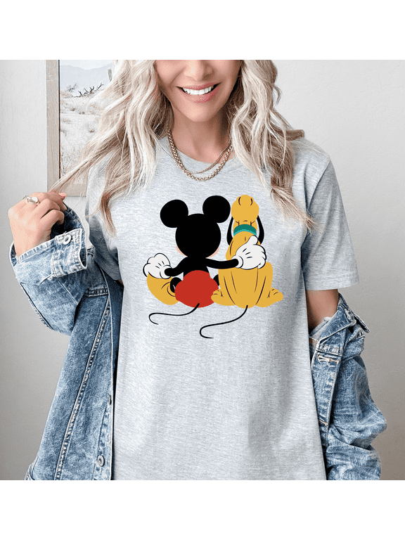 Women's Mickey Pluto Hug T-Shirt Cute Cartoon Best Friends Graphic Tee Classic Character Shirt Disney Inspired Top Nostalgic Summer Outfit Short Sleeve Cotton Blend Tee