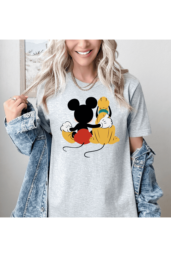 Women's Mickey Pluto Hug T-Shirt Cute Cartoon Best Friends Graphic Tee Classic Character Shirt Disney Inspired Top Nostalgic Summer Outfit Short Sleeve Cotton Blend Tee