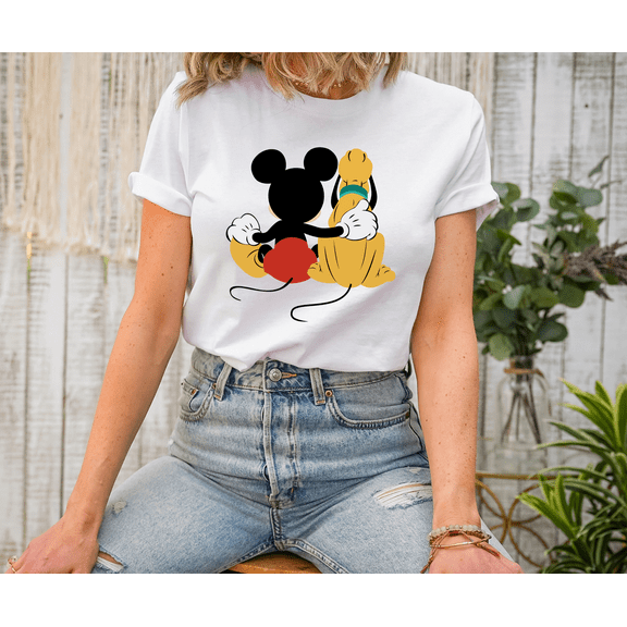 Moonlight Apparel Women's Mickey Pluto Hug T-Shirt Cute Cartoon Best Friends Graphic Tee Classic Character Shirt Disney Inspired Top Nostalgic Summer Outfit Short Sleeve Cotton Blend Tee