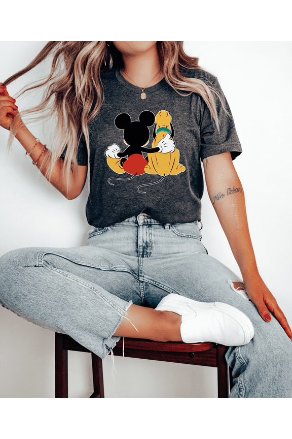 Women's Mickey Pluto Hug T-Shirt Cute Cartoon Best Friends Graphic Tee Classic Character Shirt Disney Inspired Top Nostalgic Summer Outfit Short Sleeve Cotton Blend Tee