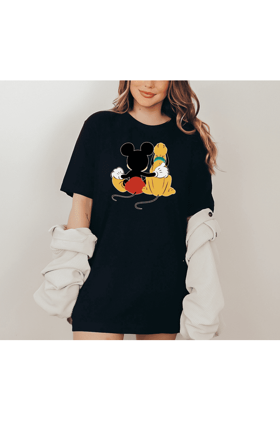 Women's Mickey Pluto Hug T-Shirt Cute Cartoon Best Friends Graphic Tee Classic Character Shirt Disney Inspired Top Nostalgic Summer Outfit Short Sleeve Cotton Blend Tee