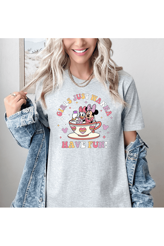 Women's Minnie Mouse Daisy Duck T-Shirt Girls Just Wanna Have Fun Graphic Tee Cute Disney Shirt Summer Park Outfit Cartoon Character Top Short Sleeve Casual Tee