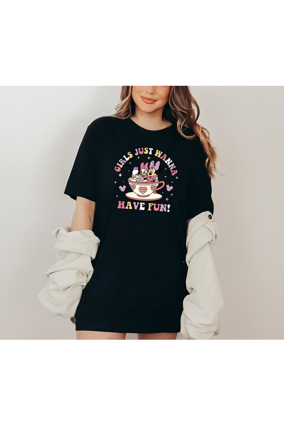 Women's Minnie Mouse Daisy Duck T-Shirt Girls Just Wanna Have Fun Graphic Tee Cute Disney Shirt Summer Park Outfit Cartoon Character Top Short Sleeve Casual Tee