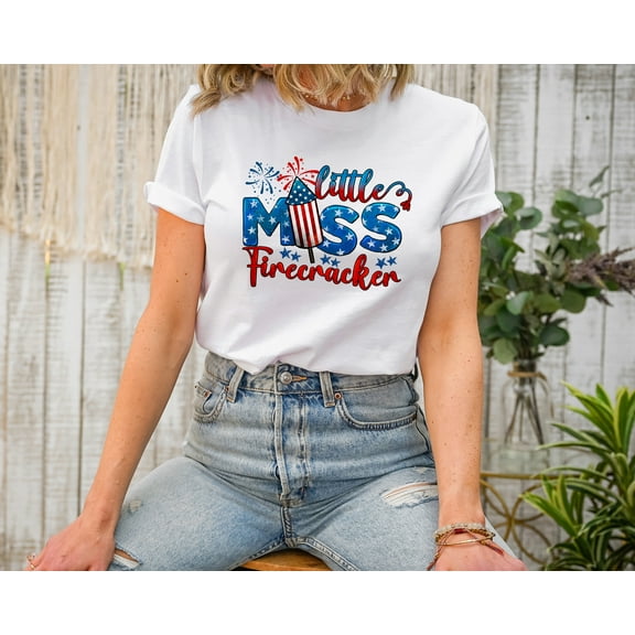 Moonlight Apparel Women's Patriotic Little Miss Firecracker T-Shirt Graphic Tee Short Sleeve USA Flag Shirt Independence Day Outfit Cute Summer Top