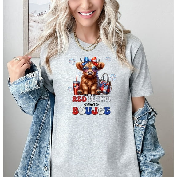 Moonlight Apparel Women's Red White and Boujee Highland Cow T-Shirt Graphic Tee Patriotic Funny Cowgirl Shirt USA Style Summer Top Southern Western Short Sleeve Cotton Tee