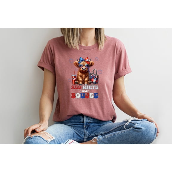 Moonlight Apparel Women's Red White and Boujee Highland Cow T-Shirt Graphic Tee Patriotic Funny Cowgirl Shirt USA Style Summer Top Southern Western Short Sleeve Cotton Tee