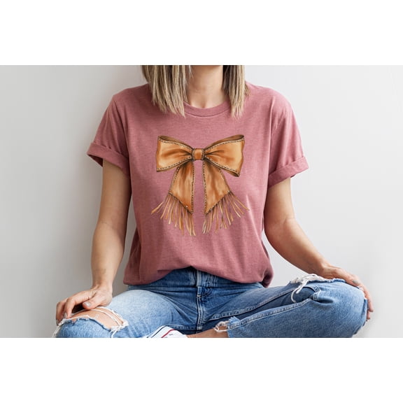 Moonlight Apparel Women's Western Fringe Bow T-Shirt Cowgirl Style Graphic Tee Boho Country Shirt Trendy Casual Outfit Rodeo Top Brown Leather Look Print Short Sleeve Cotton Blend Tee
