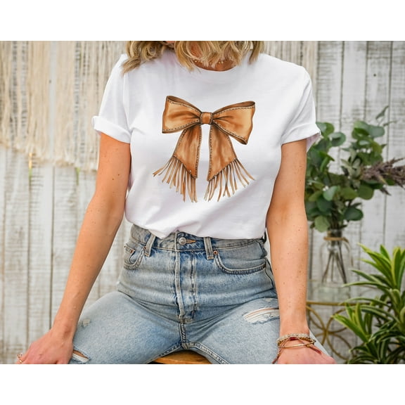 Moonlight Apparel Women's Western Fringe Bow T-Shirt Cowgirl Style Graphic Tee Boho Country Shirt Trendy Casual Outfit Rodeo Top Brown Leather Look Print Short Sleeve Cotton Blend Tee