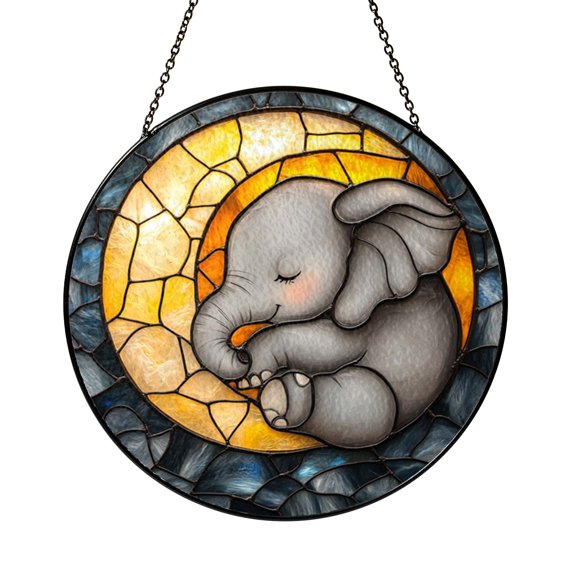 Moonlight Baby Elephant Stained Glass Suncatcher for Window Decor, Calm Animal Theme Gift
