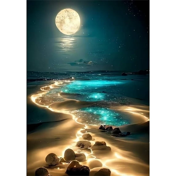 Moonlight Beach Diamond Art Kits for Adults Beginners, DIY Full Drill 5D Seaside Moon Diamond Art Kits for Home Wall Decor 12 x 16 Inch