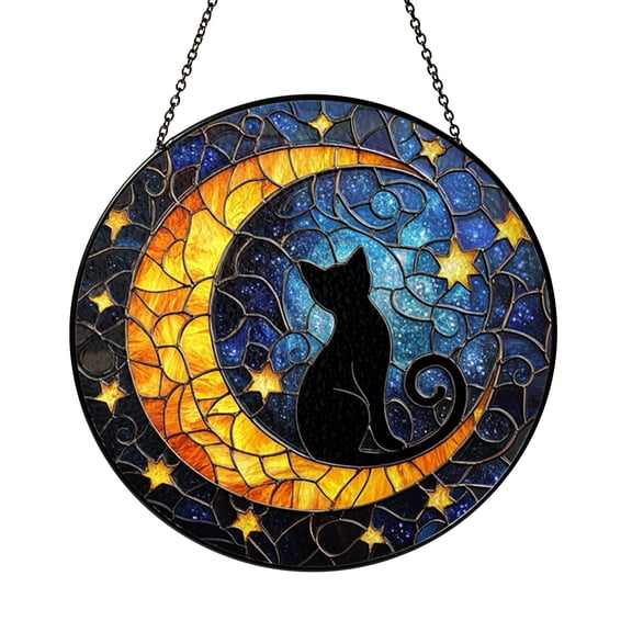 Moonlight Black Cat Glass Suncatcher – Decorative Window Art