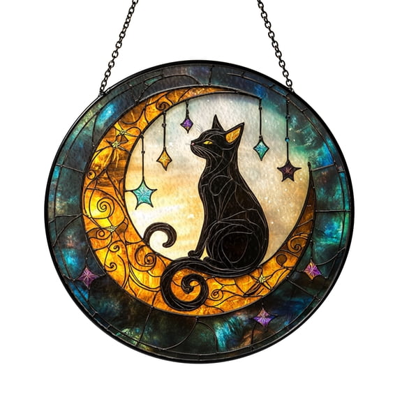 Moonlight Black Cat Stained Glass Suncatcher, Decorative Window Hanging with Mystical Celestial Theme