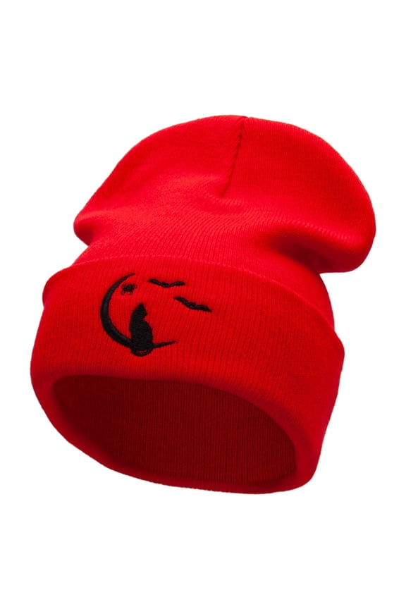 Moonlight Cat Embroidered 12 Inch Long Knitted Beanie - Red OSFM