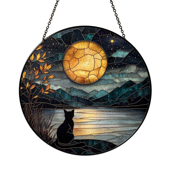 Moonlight Cat Glass Suncatcher Window Decor, Stained Glass Effect Night Lake Mountain Scene Art, Mystical Home Accent