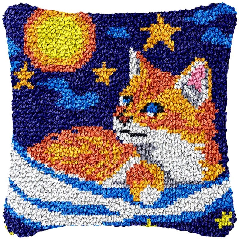Moonlight Cat Kitten Latch Hook Pillow Cover Kits for DIY Handmade Throw Pillow Cross Stitch Latch Hook Pillowcase Rug Kits with Preprinted Color Pattern Canvas Crochet Yarn Kits 17''X 17''(ch115)