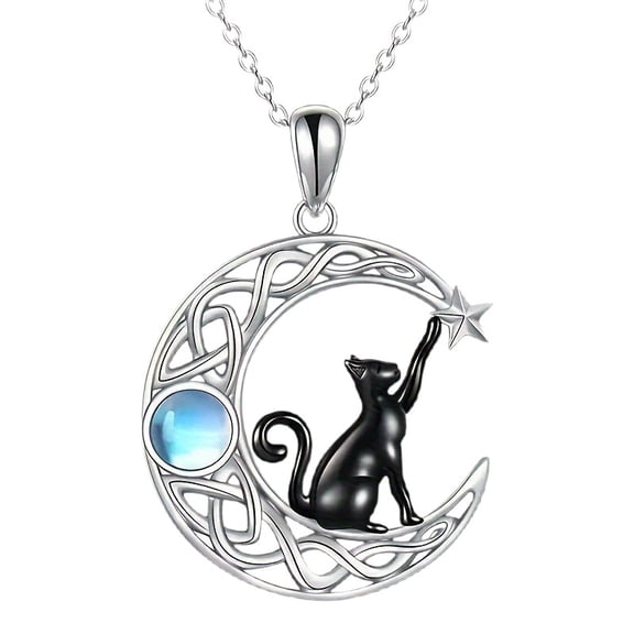 Moonlight Cat Pendant Necklace, Celestial Black Cat Pendant Necklace for Women, Crescent Moon Cats Necklaces with Charm, Whimsical Celestial Jewelry Gift for Cats Moon Lovers