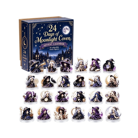 Moonlight Coven Fantasy Christmas Countdown Advent Calendar, 24Pcs 2D Acrylic Witch Collectible Figurines, Celestial Themed Home Table & Tree Holiday Decor Gift Set,as show
