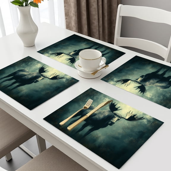 Moonlight Deep Forest Elk Placemats Set of 4 Fabric Placemats 12x18 Inch Square Placemat for Kitchen Table Heat Resistant, Easy to Clean Table Placemats