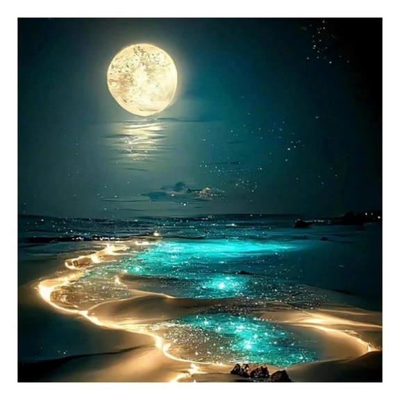 Moonlight Diamond Art Painting Kits for Adults, 5D Seaside Moon Diamond Art Kits for Beginners, DIY Full Drill Paint with Diamond, Home Wall Decor 12 x 16 Inch