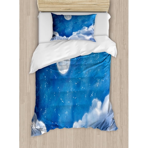 Moonlight Duvet Cover Set, Digital Art Painted Look Night View of Cloudy Sky and Moon Stars, Decorative 2 Piece Bedding Set with 1 Pillow Shams, Twin Size, White Night Blue, by Ambesonne