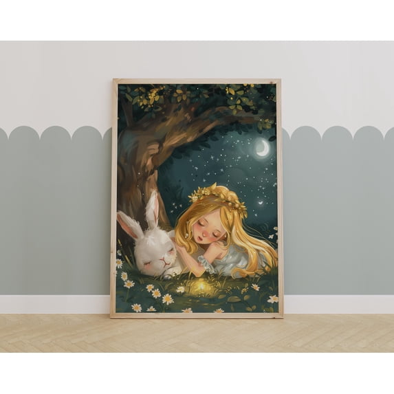 Moonlight Fairy Wall Art For Room , Bunny And Girl Nursery Print ...