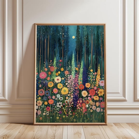 Moonlight Flowers Meadow Print, Colorful Moody Flowers Painting, Night Scenery Floral Field Artwork, UNFRAMED