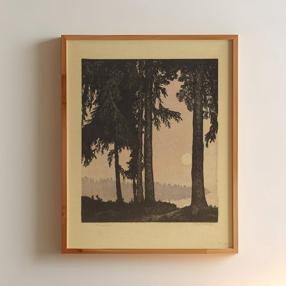 Moonlight Forest Print Vintage Dark Pine Tree Wall Art Etching Style Nature Poster Moody Woodland Landscape Decor Cabin Print