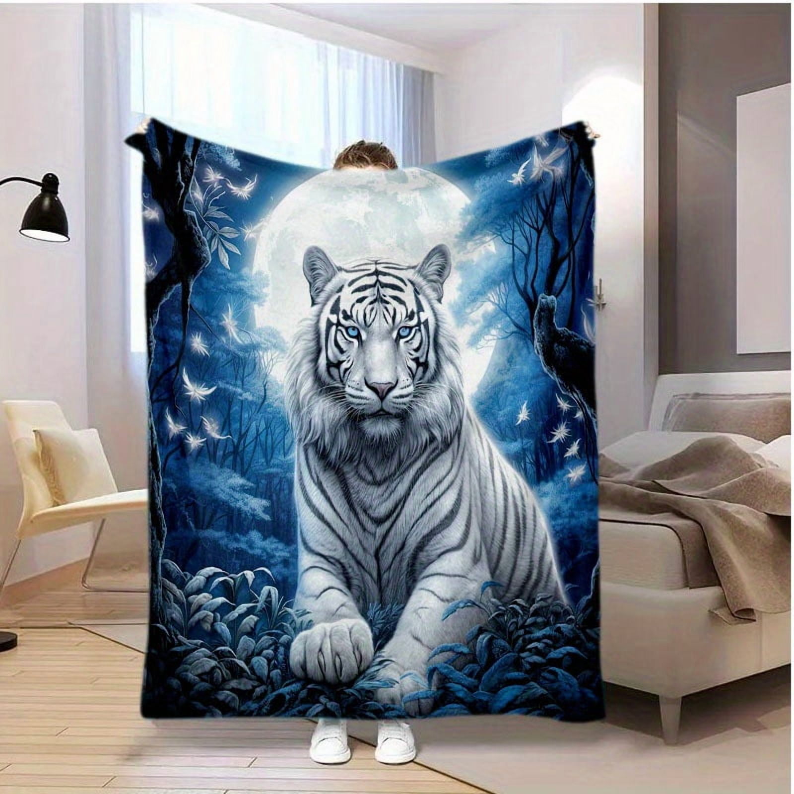 Moonlight Forest Tiger Soft Flannel Blanket - All Season, Anti-Stain for Sofas, Beds, Office Naps and Outdoor Adventures, All Season Blanket | Moonlight Tiger Design | Soft Flannel Fabric, Plush Blan