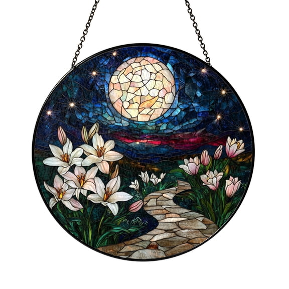 Moonlight Garden Path With Lilies Stained Glass Suncatcher, Serene Floral Window Decor Gift
