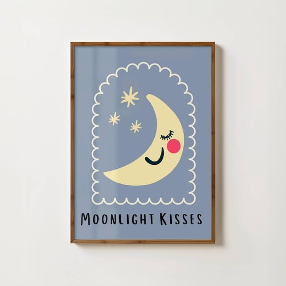 Moonlight Kisses Print Trendy Nursery Art Moon Stars Nursery Decor Blue Room Prints Eclectic Nursery Print Nursery Illustration Art Home Decor #1176, Unframed Poster Size 8x12