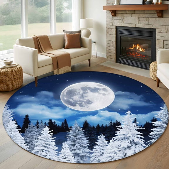 Moonlight Landscapes Round Area Rug 7Ft Washable Circle Rugs for Dorm Laundry Room, Winter Christmas Trees Forest Non-Slip Carpet Floor Mats Indoor Outdoor Carpet Runner Aesthetic Home Decor