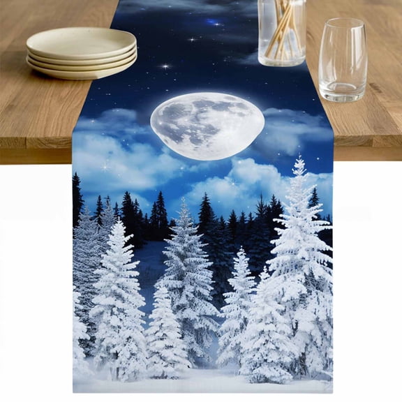 Moonlight Landscapes Table Runner 120 Inches Long Farmhouse Dress Scarves, Winter Christmas Trees Forest Dining Tablerunner for Coffee Table/Kitchen Island/Party Décor, 13" x 120"
