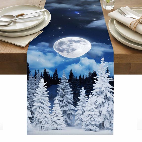 Moonlight Landscapes Table Runner - 48 Inch Long, Kitchen Dining Table Runner Dresser Scarves, Winter Christmas Trees Forest Farmhouse Decor for Coffee Tables Wedding Party Banquet