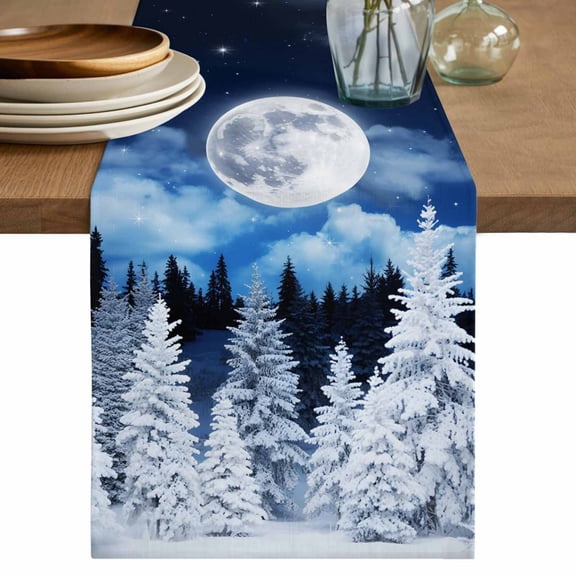 Moonlight Landscapes Table Runner 48 Inches, Winter Christmas Trees Forest Bed Runner Dresser Scarves Tabletop for Indoor Outdoor Parties/Ceremony/Banquet, 13" x 48"