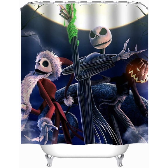 Moonlight Madness Skull Theme Shower Curtain Nightmare Before Christmas Fabric Shower Curtain Sets Bathroom Halloween Decor with Hooks Waterproof Washable 72 x 72 inches White Blue Black